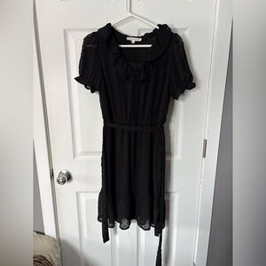 Monteau Black Ruffle-Neck Midi Dress with Belt